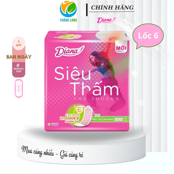 Băng Vệ Sinh Diana Siêu Thấm Mỏng Không Cánh 8 Miếng