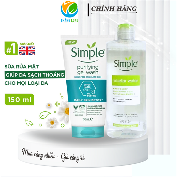 COMBO Tẩy trang 200 ml + Rửa mặt Simple sạch sâu giảm mụn XD