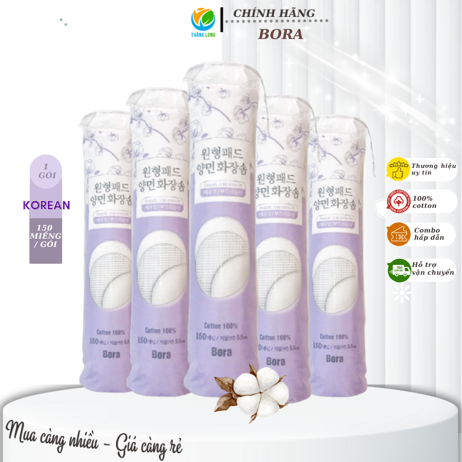Bông tẩy trang Bora 150 miếng 100% cotton